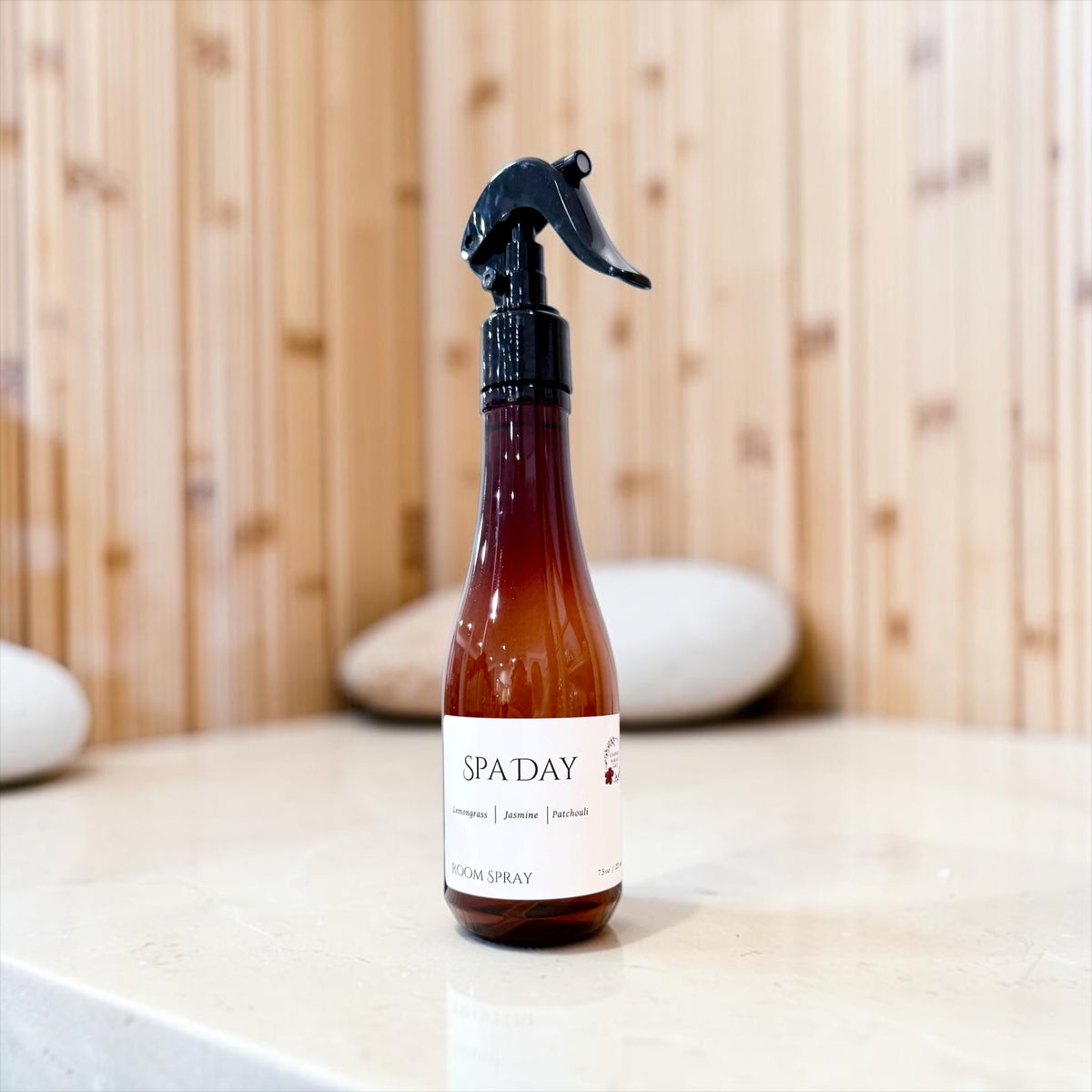 Spa Day room spray bottle with a bamboo background