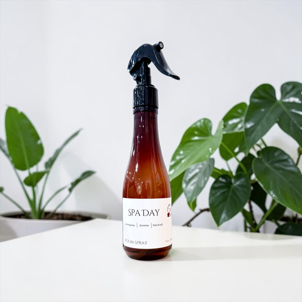 Spa Day room spray bottle close-up with green plant leaves